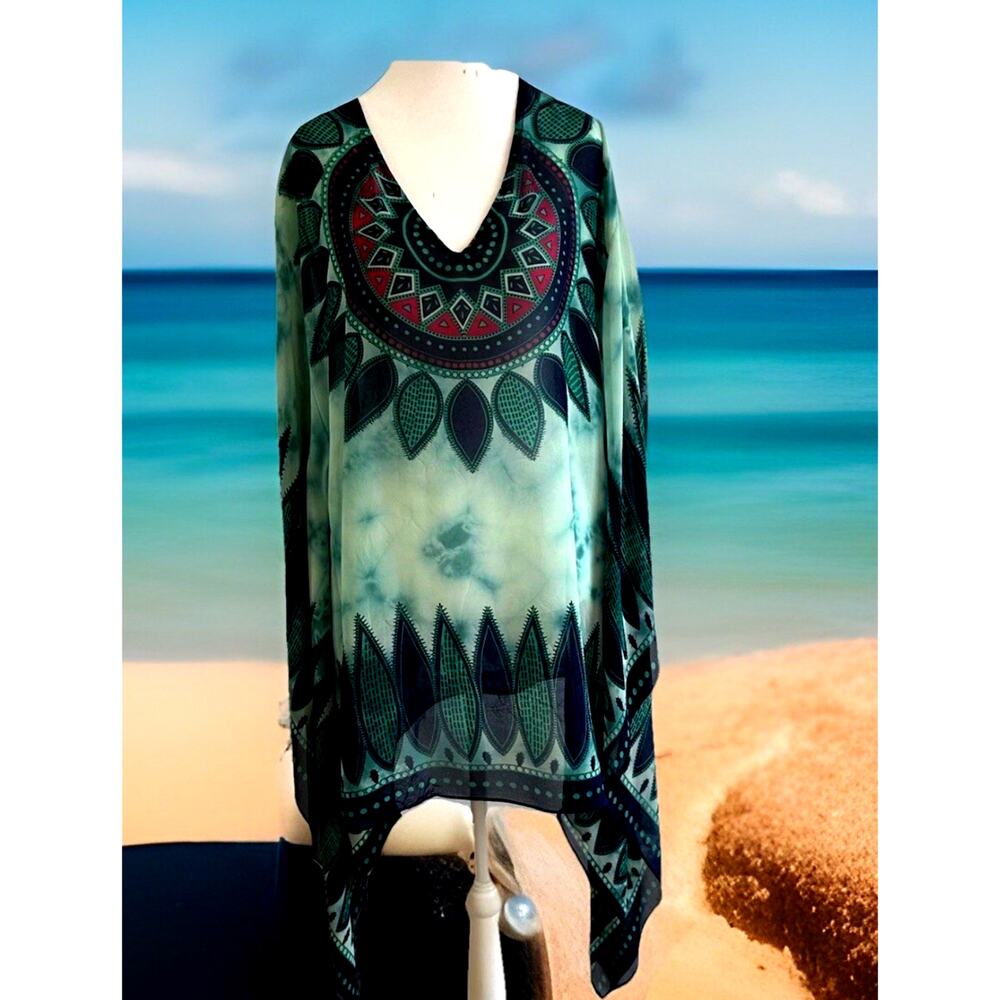 MEGHAN tribal sheer green Kimono boho artsy Coverup Resort Wear Fairycore MED